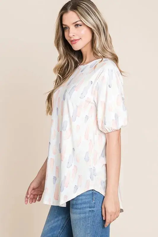 BOMBOM Round Neck Puff Short Sleeve Blouse for Women - Love Salve
